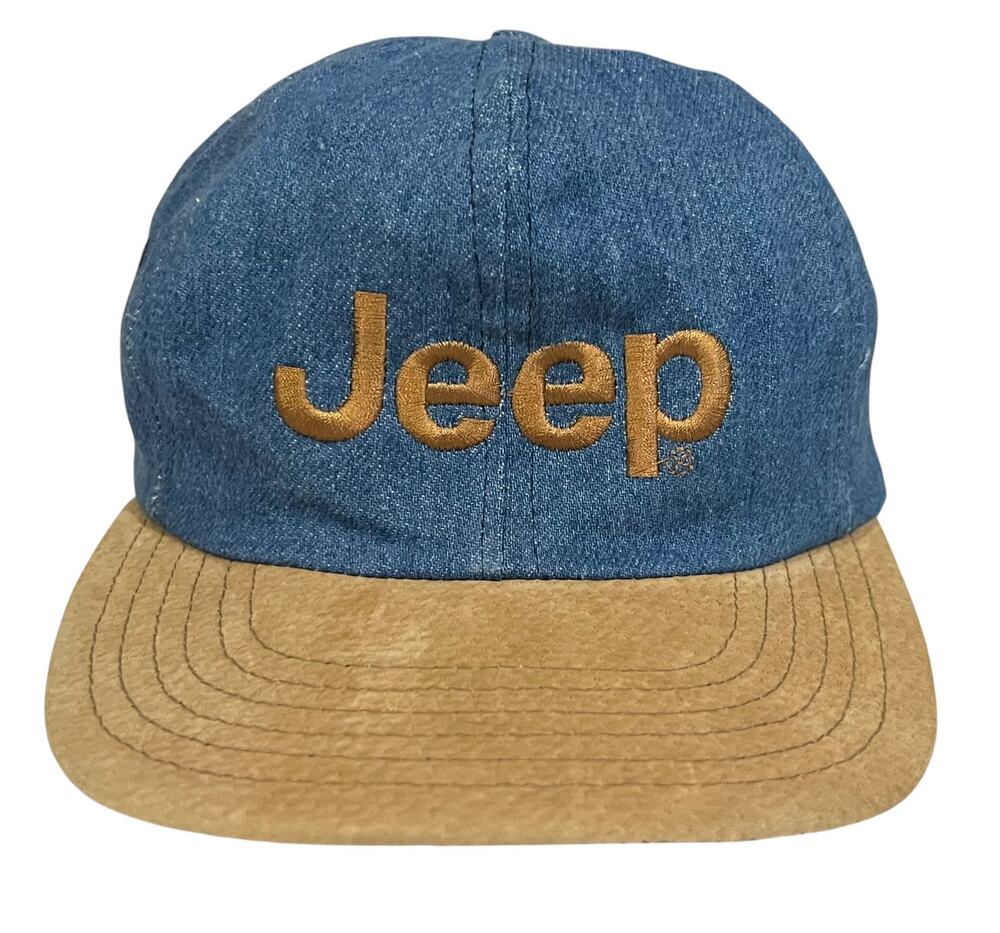 Vintage Jeep Strapback Hat Blue Denim Suede Brim Leather Strap Classic Retro